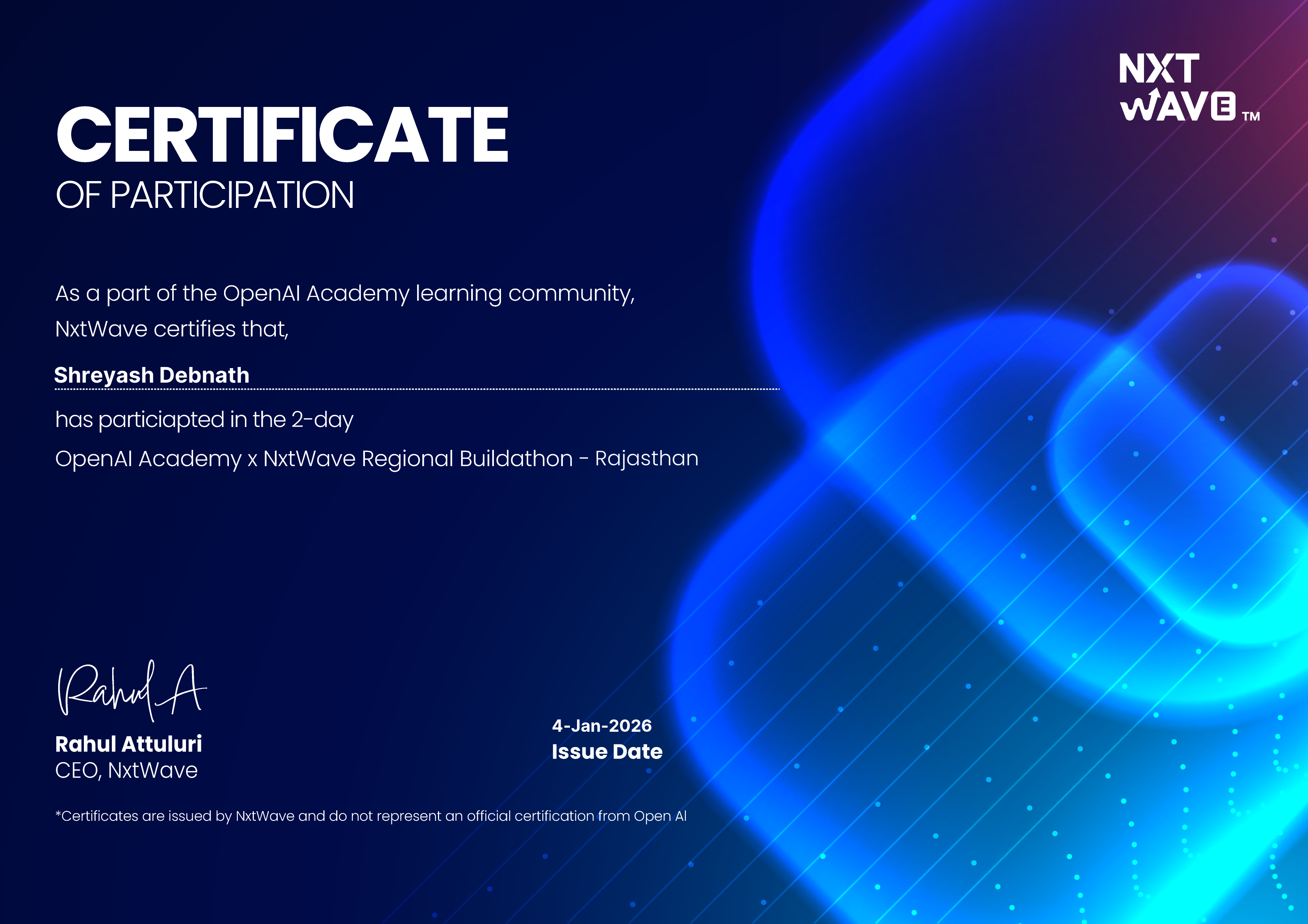 OpenAI Academy x NxtWave Buildathon Certificate — Shreyash Debnath