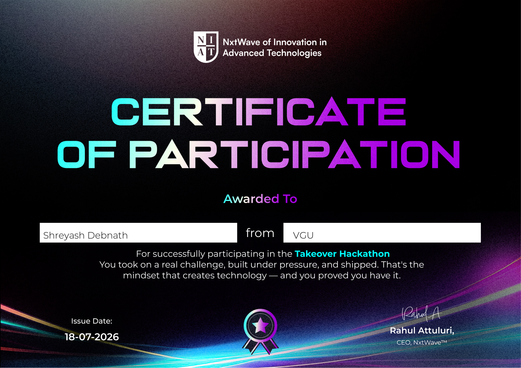 NIAT Takeover Hackathon Certificate — Shreyash Debnath